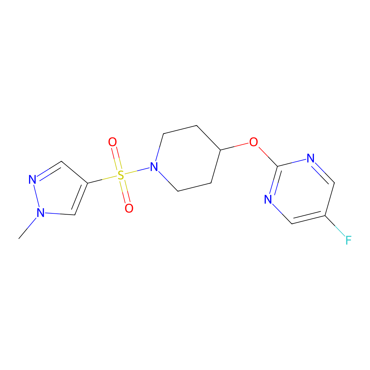 5-fluoro-2-({1-[(1-methyl-1H-pyrazol-4-yl)sulfonyl]piperidin-4-yl}oxy)pyrimidine molecular structure, CAS 2380176-56-5