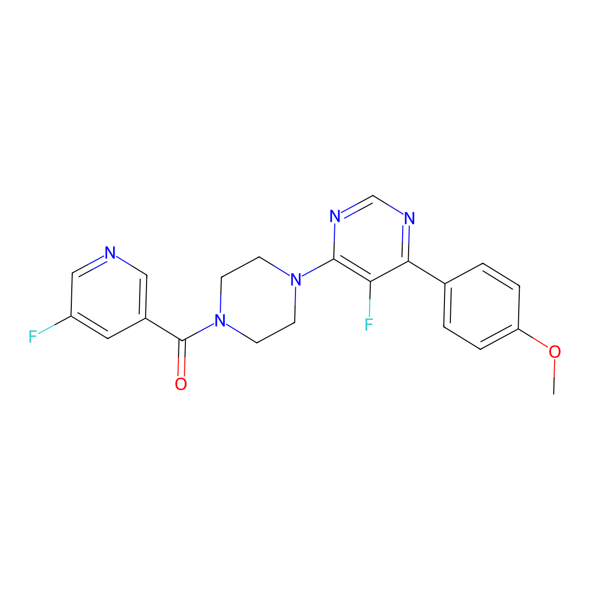 5-Fluoro-4-[4-(5-fluoropyridine-3-carbonyl)piperazin-1-yl]-6-(4-methoxyphenyl)pyrimidine molecular structure, CAS 2380176-93-0