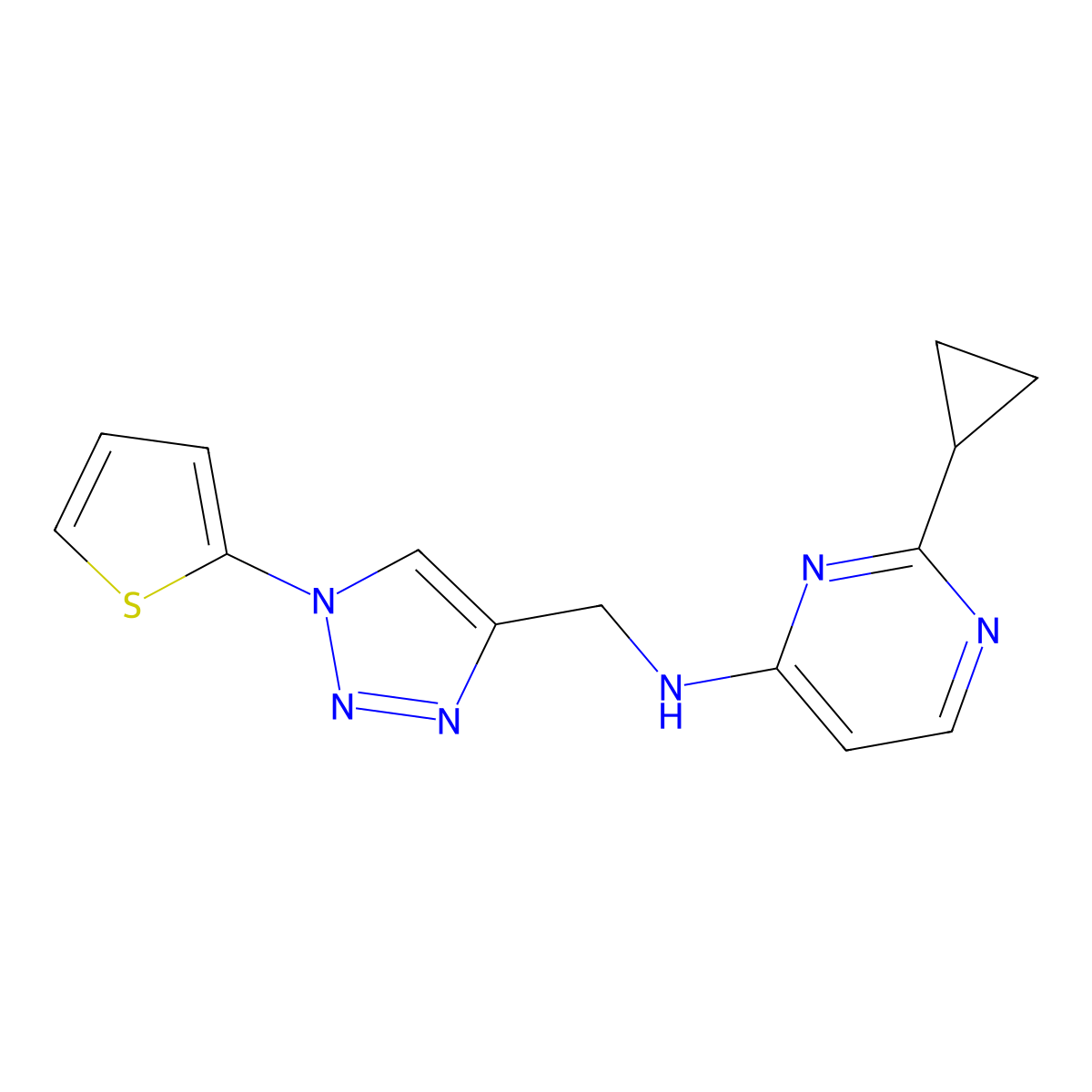 2-cyclopropyl-N-{[1-(thiophen-2-yl)-1H-1,2,3-triazol-4-yl]methyl}pyrimidin-4-amine molecular structure, CAS 2380177-18-2