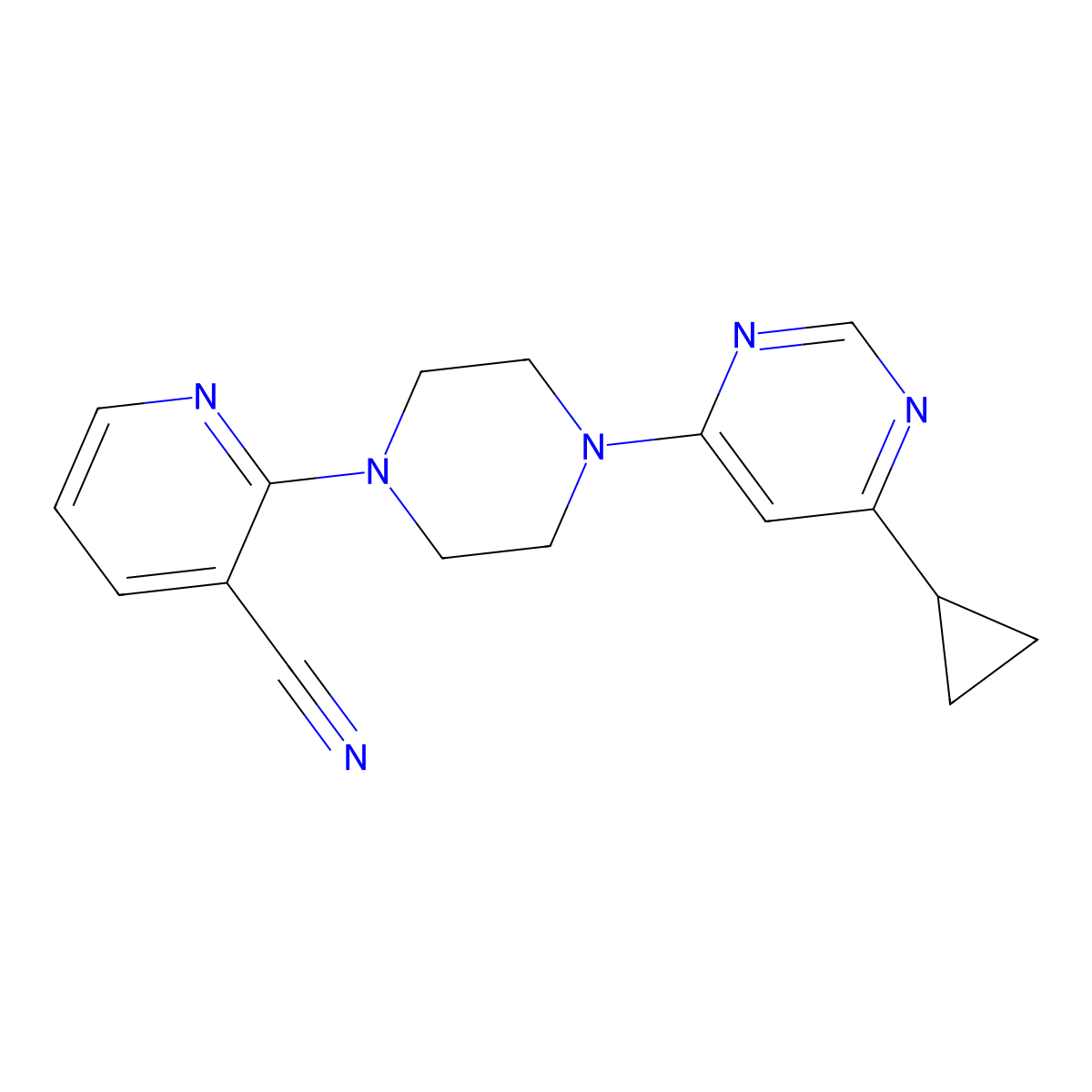 2-[4-(6-Cyclopropylpyrimidin-4-yl)piperazin-1-yl]pyridine-3-carbonitrile molecular structure, CAS 2380177-25-1