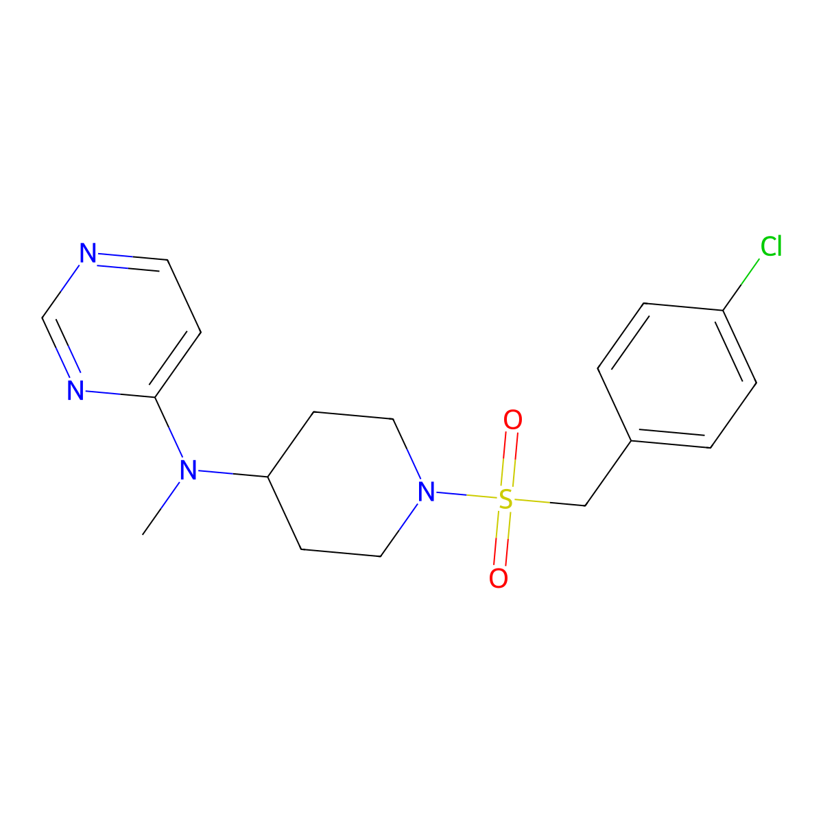 N-{1-[(4-chlorophenyl)methanesulfonyl]piperidin-4-yl}-N-methylpyrimidin-4-amine molecular structure, CAS 2380177-92-2