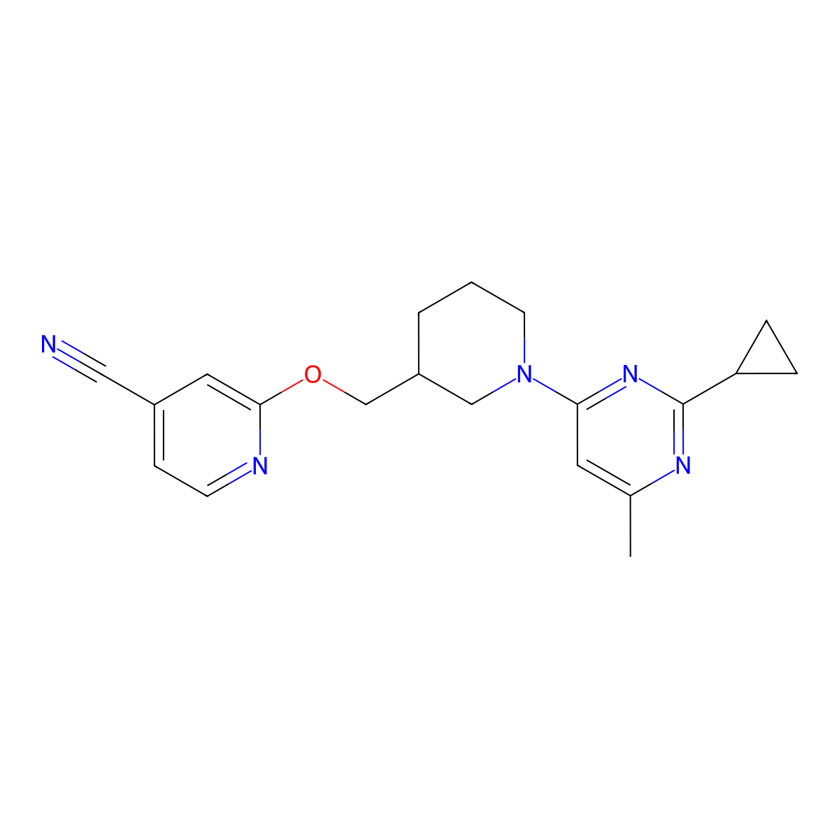 2-{[1-(2-Cyclopropyl-6-methylpyrimidin-4-yl)piperidin-3-yl]methoxy}pyridine-4-carbonitrile molecular structure, CAS 2380177-94-4