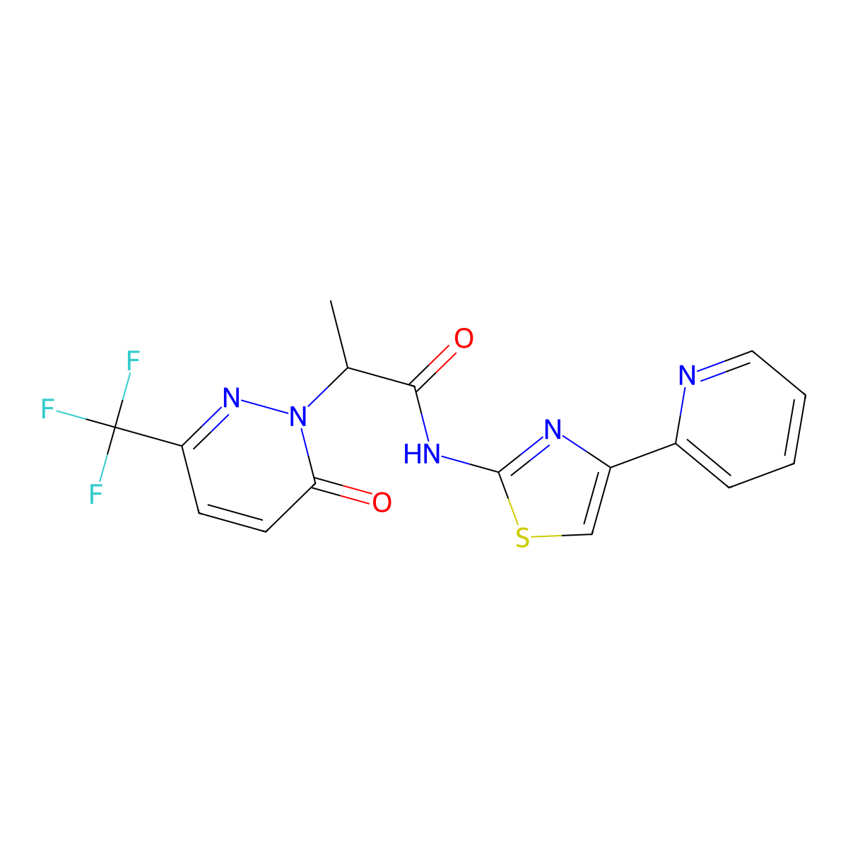 2-[6-oxo-3-(trifluoromethyl)-1,6-dihydropyridazin-1-yl]-N-[4-(pyridin-2-yl)-1,3-thiazol-2-yl]propanamide molecular structure, CAS 2380178-09-4