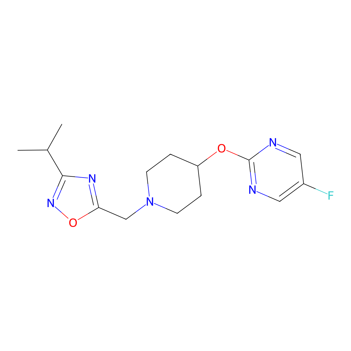 5-Fluoro-2-[(1-{[3-(propan-2-yl)-1,2,4-oxadiazol-5-yl]methyl}piperidin-4-yl)oxy]pyrimidine molecular structure, CAS 2380178-43-6