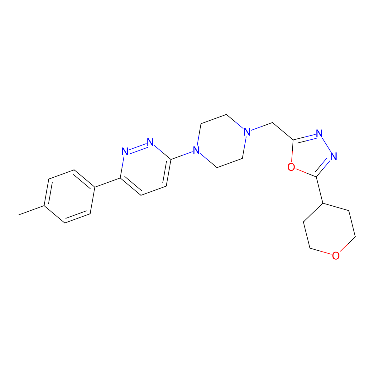 3-(4-Methylphenyl)-6-(4-{[5-(oxan-4-yl)-1,3,4-oxadiazol-2-yl]methyl}piperazin-1-yl)pyridazine molecular structure, CAS 2380178-77-6