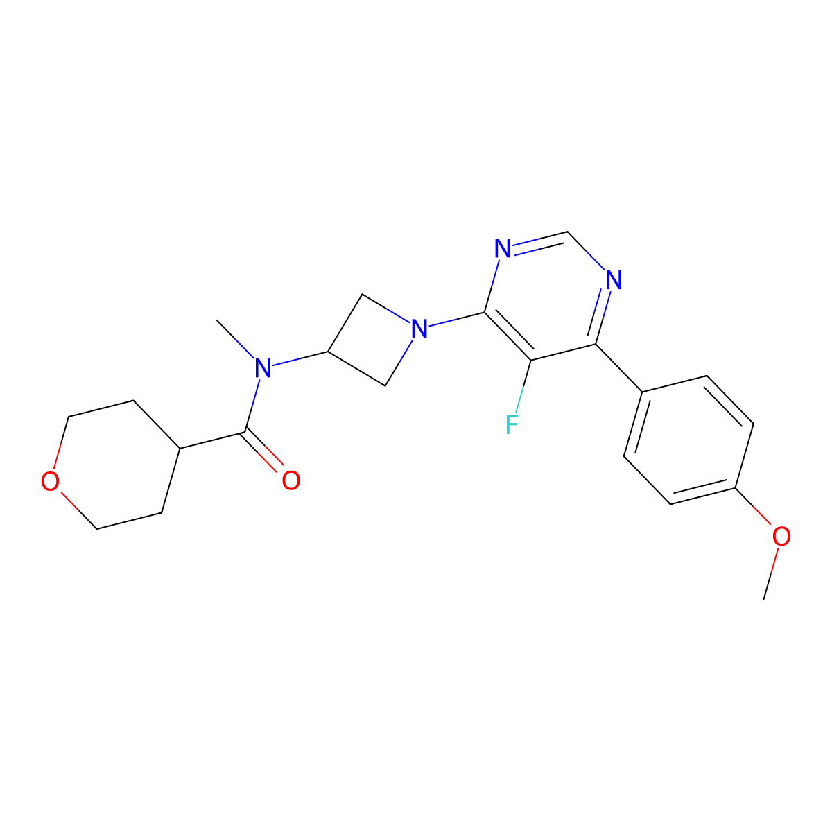 N-{1-[5-fluoro-6-(4-methoxyphenyl)pyrimidin-4-yl]azetidin-3-yl}-N-methyloxane-4-carboxamide molecular structure, CAS 2380178-79-8