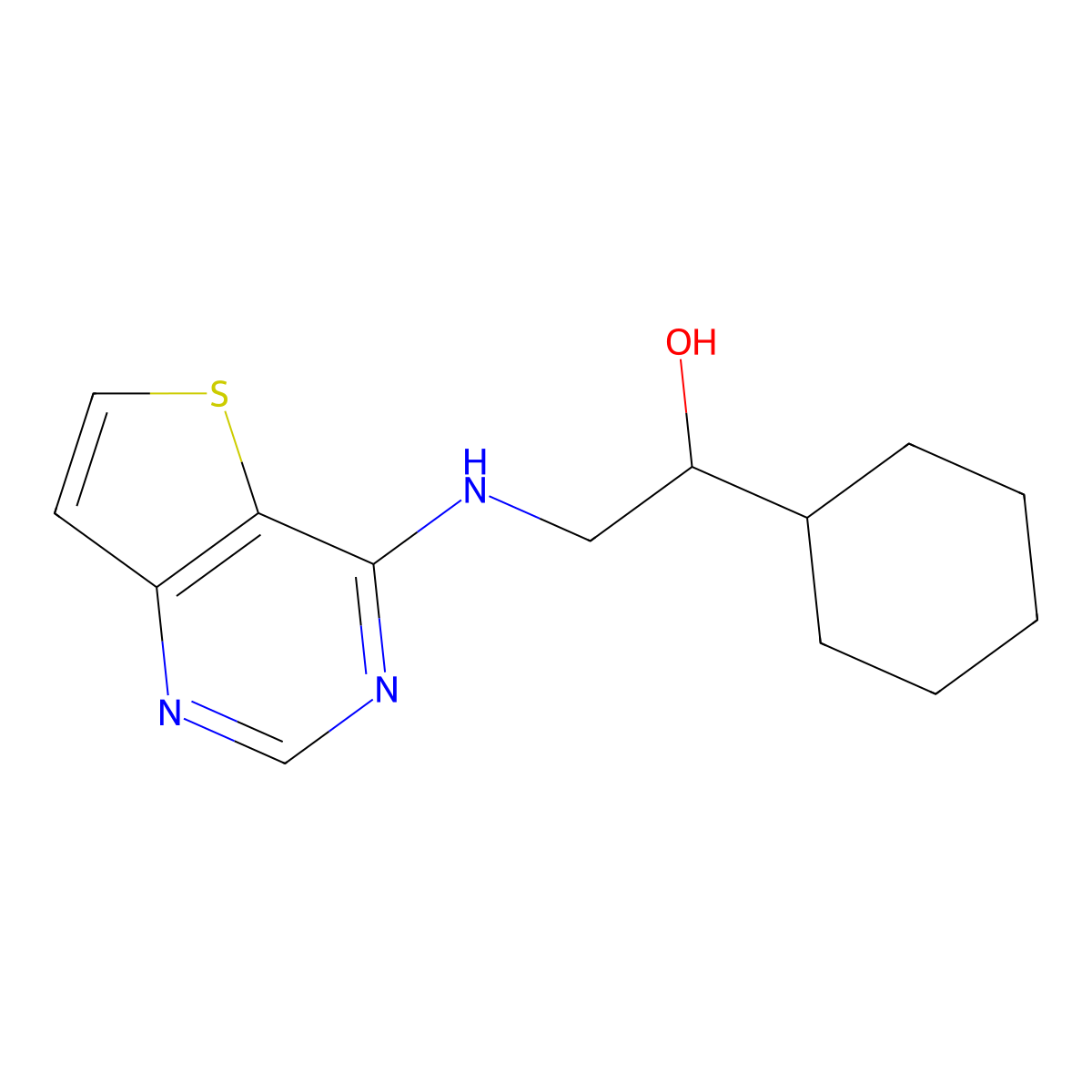 1-Cyclohexyl-2-({thieno[3,2-d]pyrimidin-4-yl}amino)ethan-1-ol molecular structure, CAS 2380178-89-0