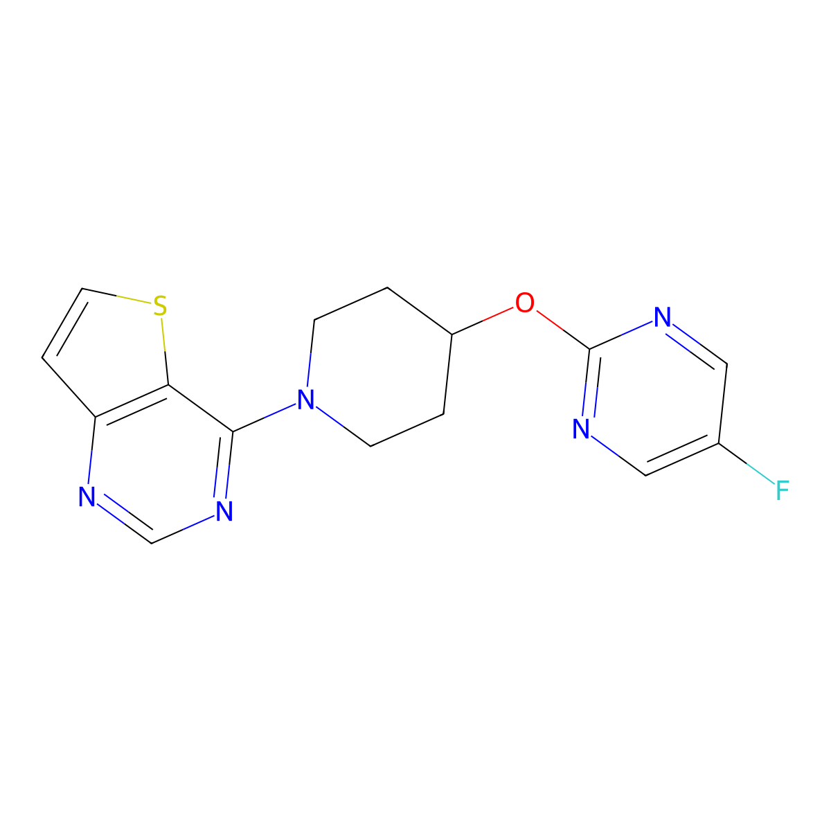 5-Fluoro-2-[(1-{thieno[3,2-d]pyrimidin-4-yl}piperidin-4-yl)oxy]pyrimidine molecular structure, CAS 2380178-95-8