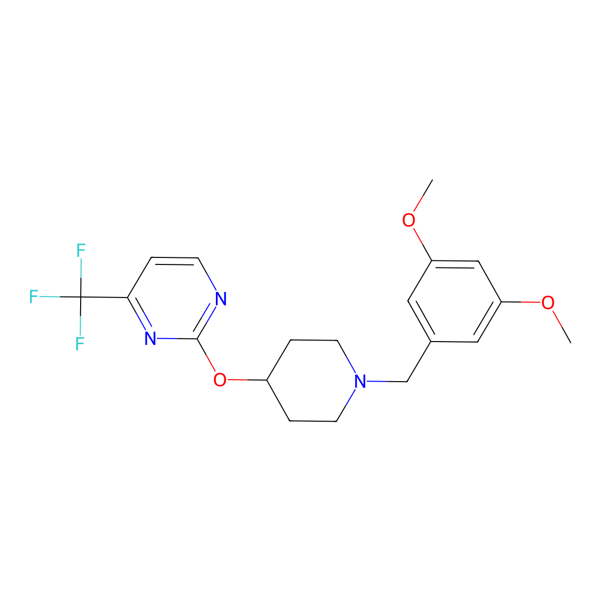 2-({1-[(3,5-Dimethoxyphenyl)methyl]piperidin-4-yl}oxy)-4-(trifluoromethyl)pyrimidine molecular structure, CAS 2380179-03-1