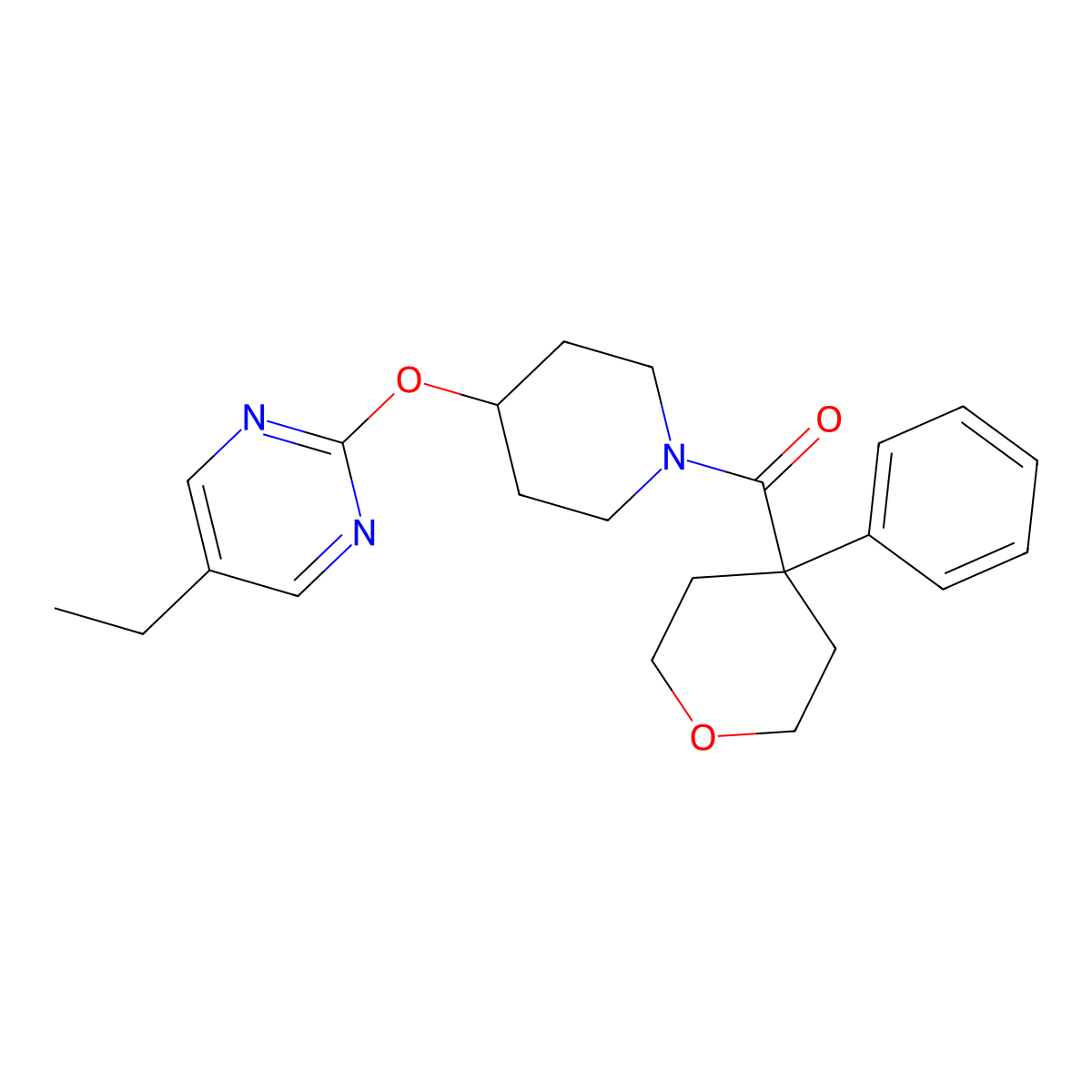 5-Ethyl-2-{[1-(4-phenyloxane-4-carbonyl)piperidin-4-yl]oxy}pyrimidine molecular structure, CAS 2380179-13-3