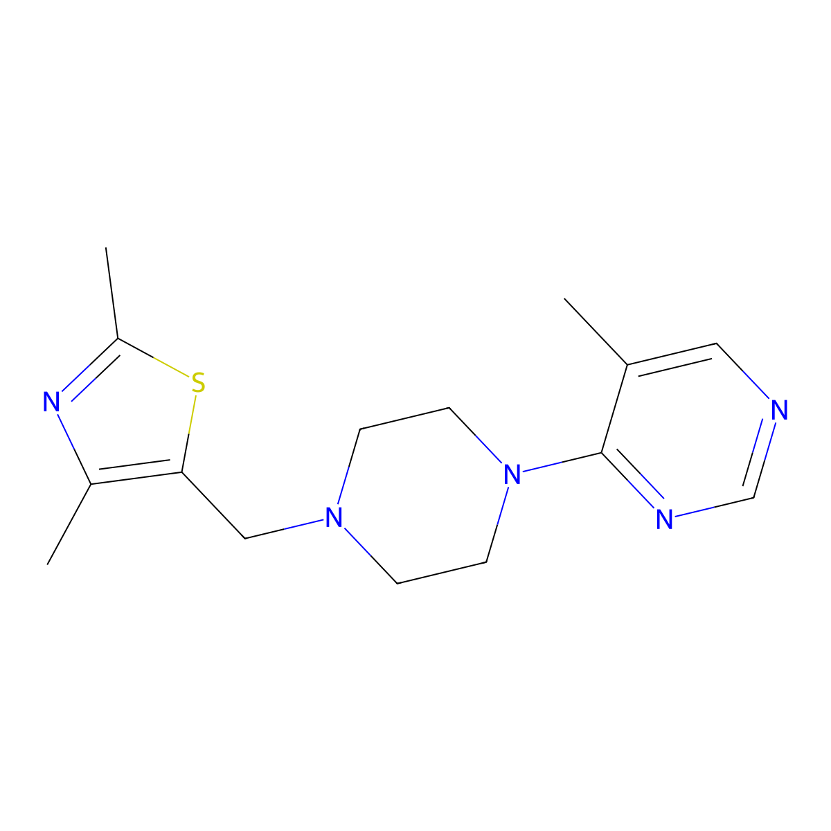 4-{4-[(2,4-Dimethyl-1,3-thiazol-5-yl)methyl]piperazin-1-yl}-5-methylpyrimidine molecular structure, CAS 2380179-27-9