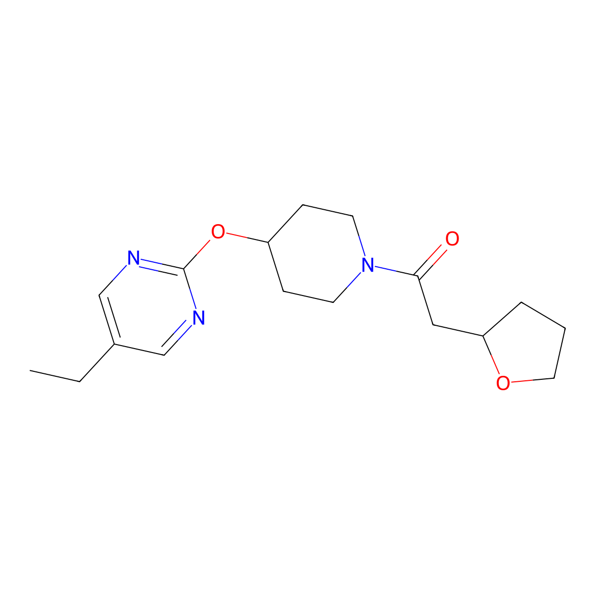 1-{4-[(5-Ethylpyrimidin-2-yl)oxy]piperidin-1-yl}-2-(oxolan-2-yl)ethan-1-one molecular structure, CAS 2380179-53-1