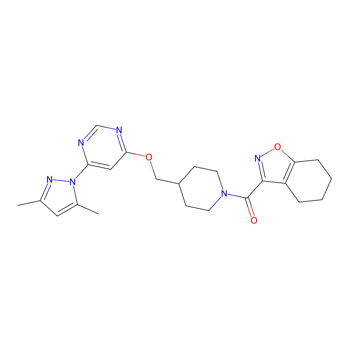 3-[4-({[6-(3,5-dimethyl-1H-pyrazol-1-yl)pyrimidin-4-yl]oxy}methyl)piperidine-1-carbonyl]-4,5,6,7-tetrahydro-1,2-benzoxazole molecular structure, CAS 2380179-61-1