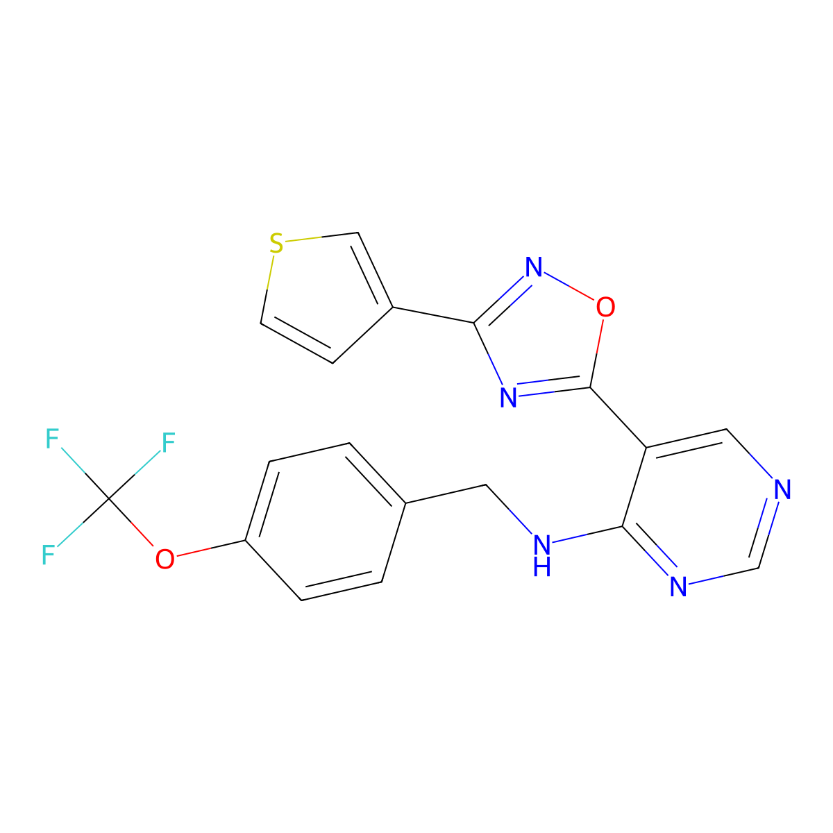 5-[3-(thiophen-3-yl)-1,2,4-oxadiazol-5-yl]-N-{[4-(trifluoromethoxy)phenyl]methyl}pyrimidin-4-amine molecular structure, CAS 2380179-72-4