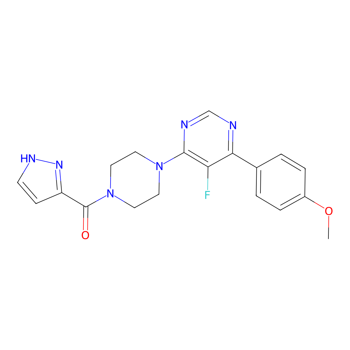 5-fluoro-4-(4-methoxyphenyl)-6-[4-(1H-pyrazole-3-carbonyl)piperazin-1-yl]pyrimidine molecular structure, CAS 2380179-84-8