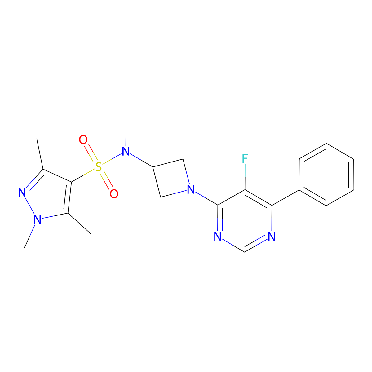 N-[1-(5-fluoro-6-phenylpyrimidin-4-yl)azetidin-3-yl]-N,1,3,5-tetramethyl-1H-pyrazole-4-sulfonamide molecular structure, CAS 2380180-04-9