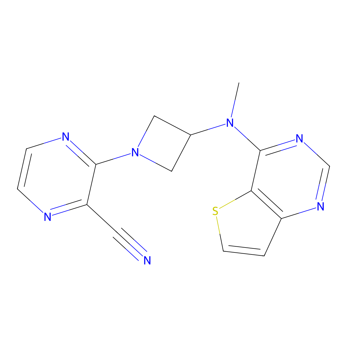 3-{3-[Methyl({thieno[3,2-d]pyrimidin-4-yl})amino]azetidin-1-yl}pyrazine-2-carbonitrile molecular structure, CAS 2380180-08-3