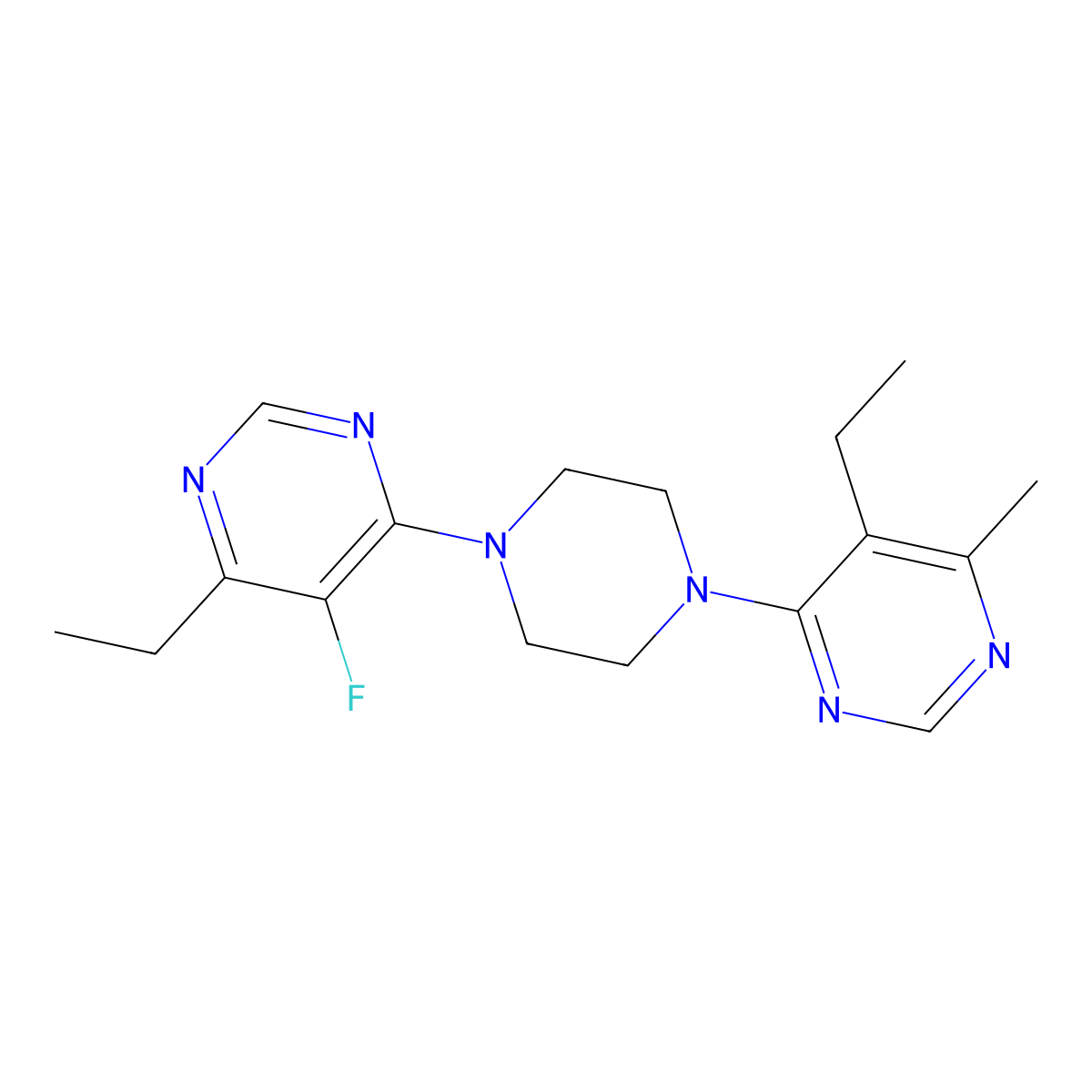 5-Ethyl-4-[4-(6-ethyl-5-fluoropyrimidin-4-yl)piperazin-1-yl]-6-methylpyrimidine molecular structure, CAS 2380180-13-0