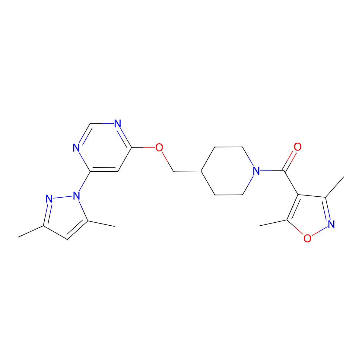 4-{[1-(3,5-dimethyl-1,2-oxazole-4-carbonyl)piperidin-4-yl]methoxy}-6-(3,5-dimethyl-1H-pyrazol-1-yl)pyrimidine molecular structure, CAS 2380180-24-3