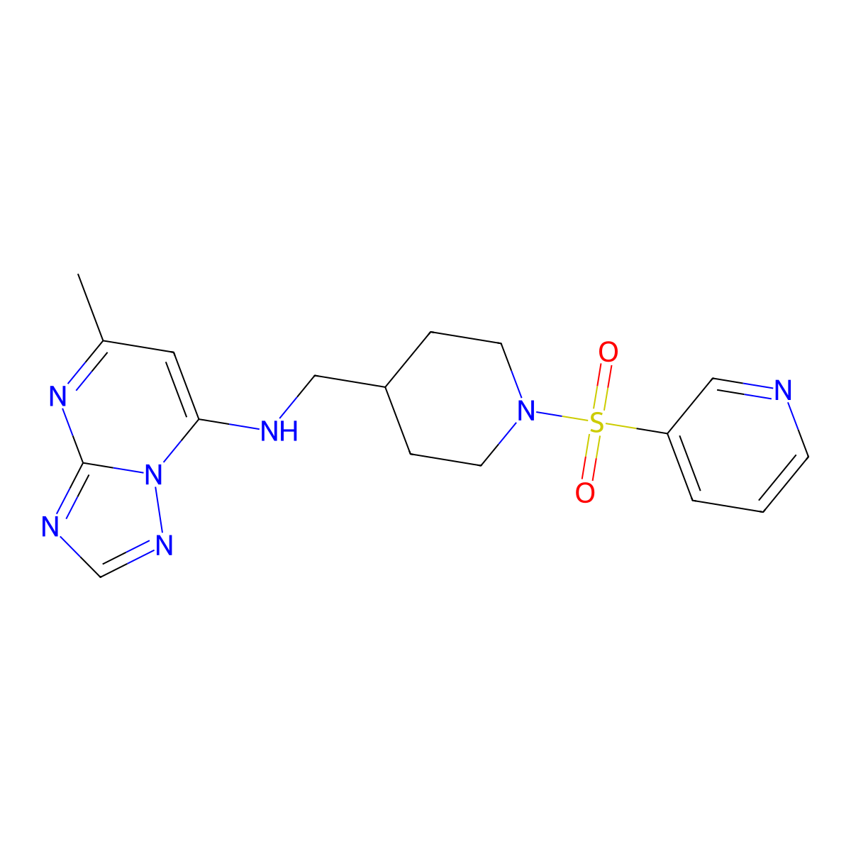 5-methyl-N-{[1-(pyridine-3-sulfonyl)piperidin-4-yl]methyl}-[1,2,4]triazolo[1,5-a]pyrimidin-7-amine molecular structure, CAS 2380180-25-4