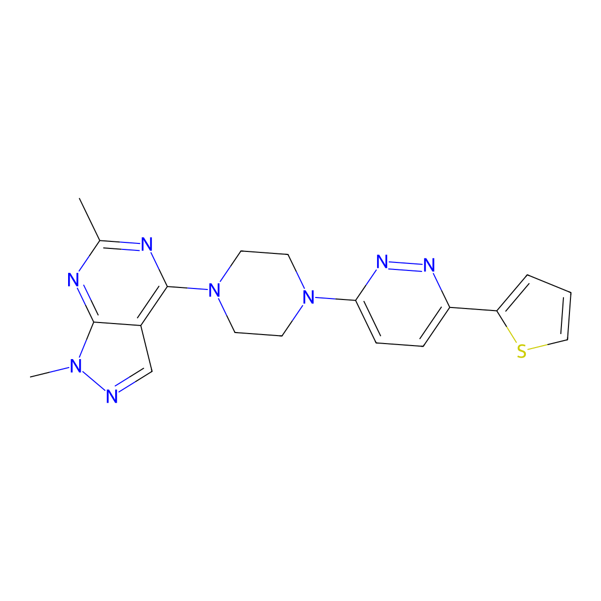 3-(4-{1,6-dimethyl-1H-pyrazolo[3,4-d]pyrimidin-4-yl}piperazin-1-yl)-6-(thiophen-2-yl)pyridazine molecular structure, CAS 2380180-29-8