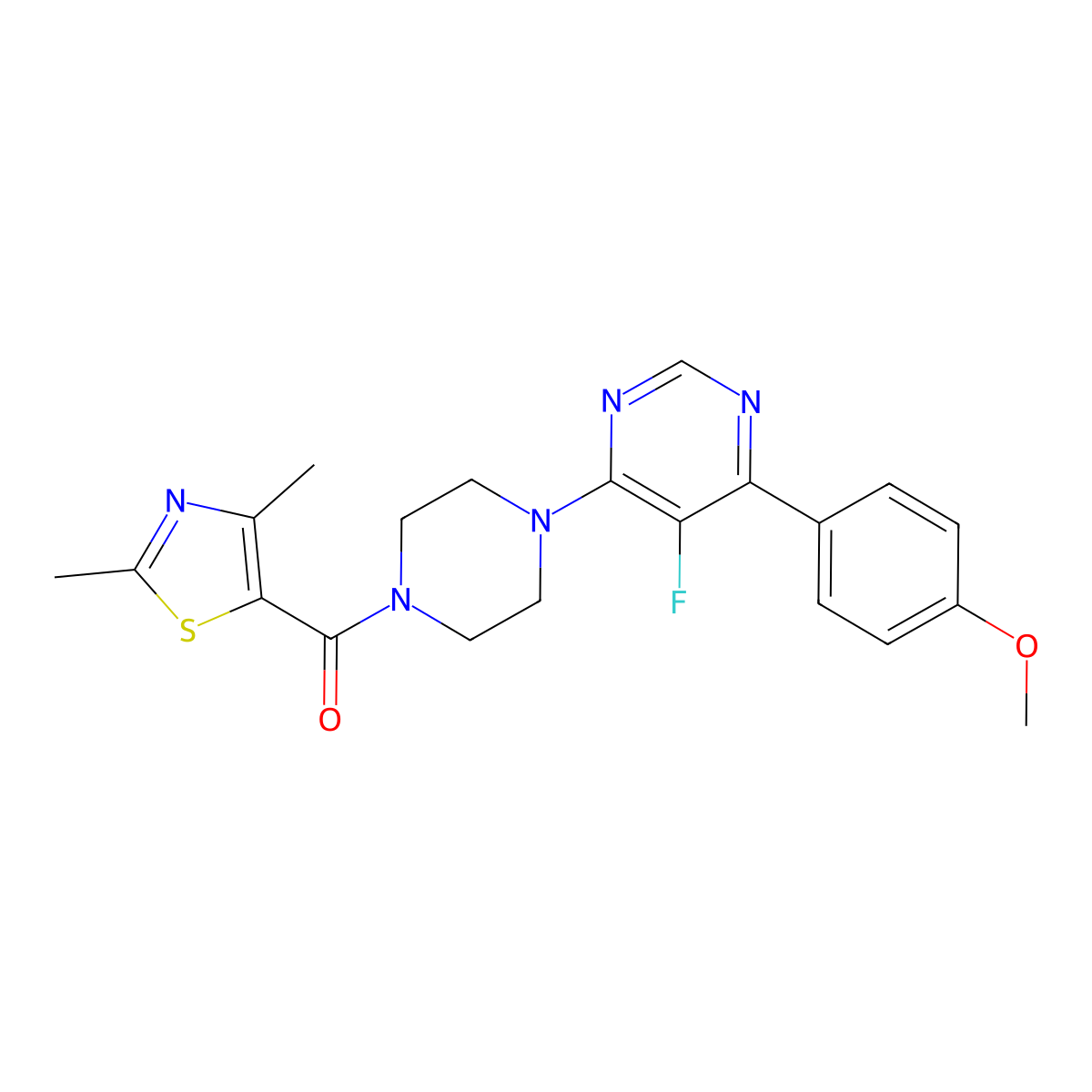 4-[4-(2,4-Dimethyl-1,3-thiazole-5-carbonyl)piperazin-1-yl]-5-fluoro-6-(4-methoxyphenyl)pyrimidine molecular structure, CAS 2380180-31-2