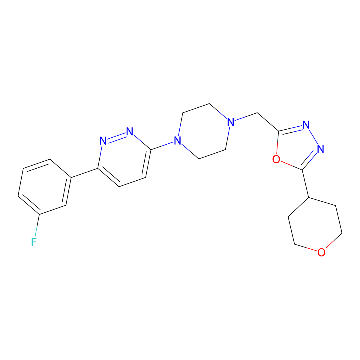 3-(3-Fluorophenyl)-6-(4-{[5-(oxan-4-yl)-1,3,4-oxadiazol-2-yl]methyl}piperazin-1-yl)pyridazine molecular structure, CAS 2380180-33-4