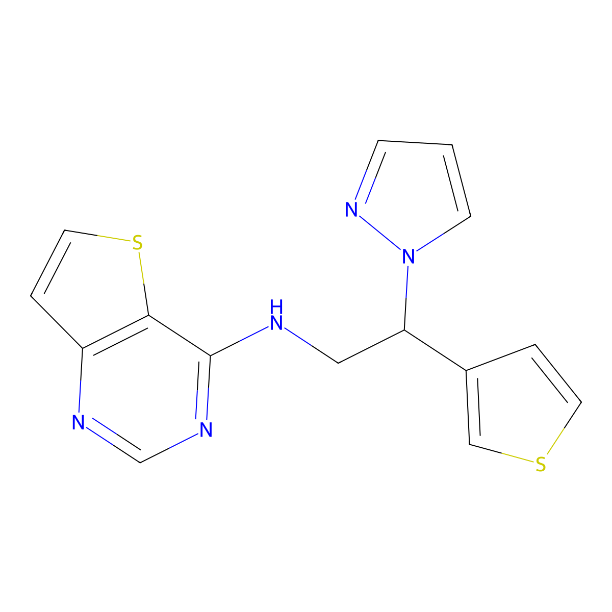 N-[2-(1H-pyrazol-1-yl)-2-(thiophen-3-yl)ethyl]thieno[3,2-d]pyrimidin-4-amine molecular structure, CAS 2380180-49-2