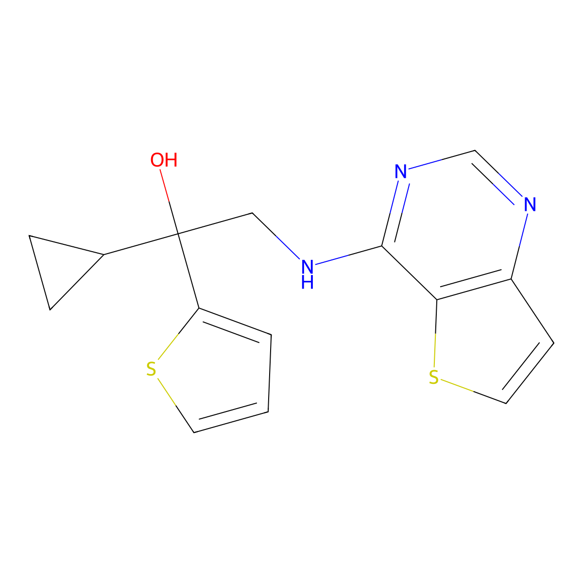 1-Cyclopropyl-2-({thieno[3,2-d]pyrimidin-4-yl}amino)-1-(thiophen-2-yl)ethan-1-ol molecular structure, CAS 2380180-59-4