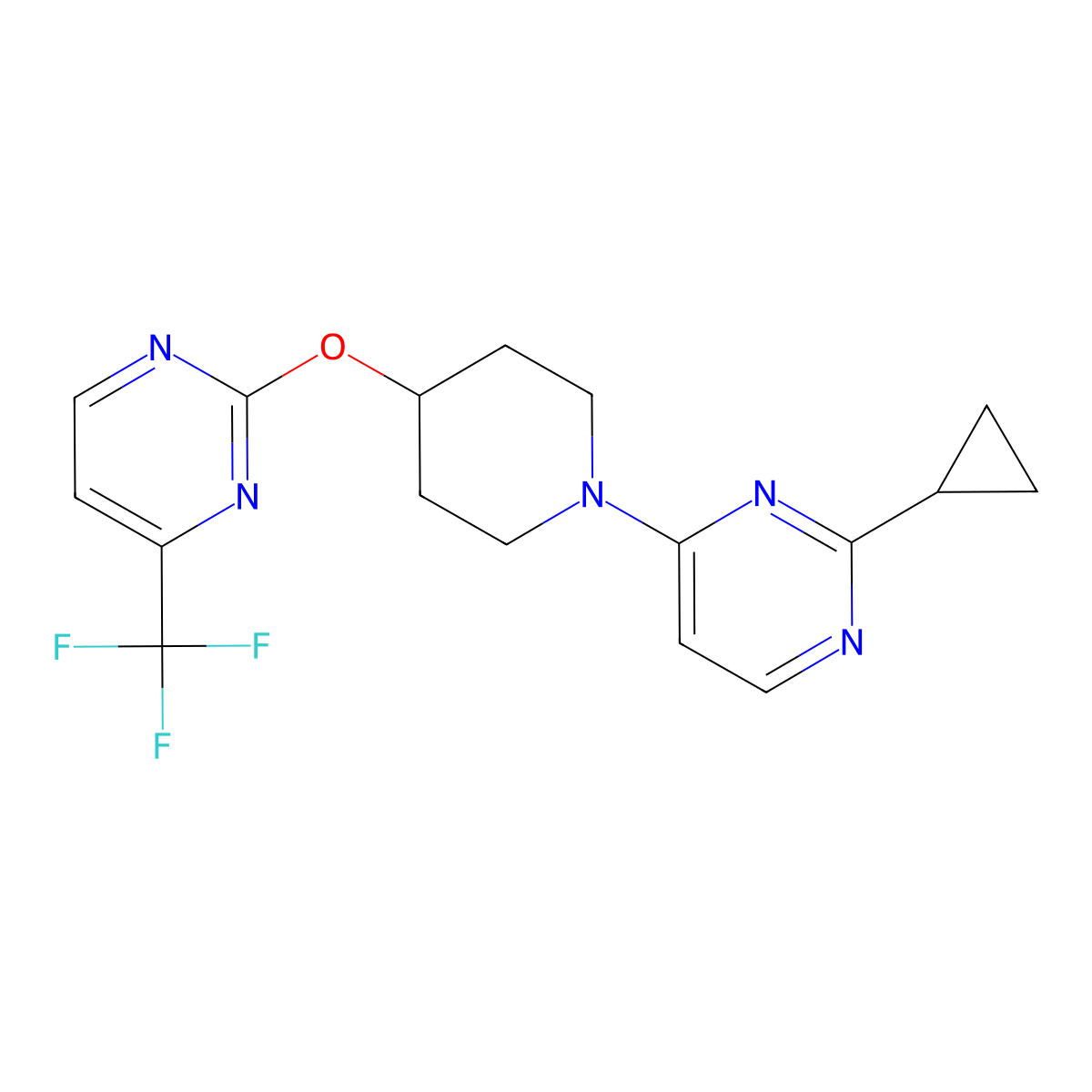 2-Cyclopropyl-4-(4-{[4-(trifluoromethyl)pyrimidin-2-yl]oxy}piperidin-1-yl)pyrimidine molecular structure, CAS 2380180-71-0