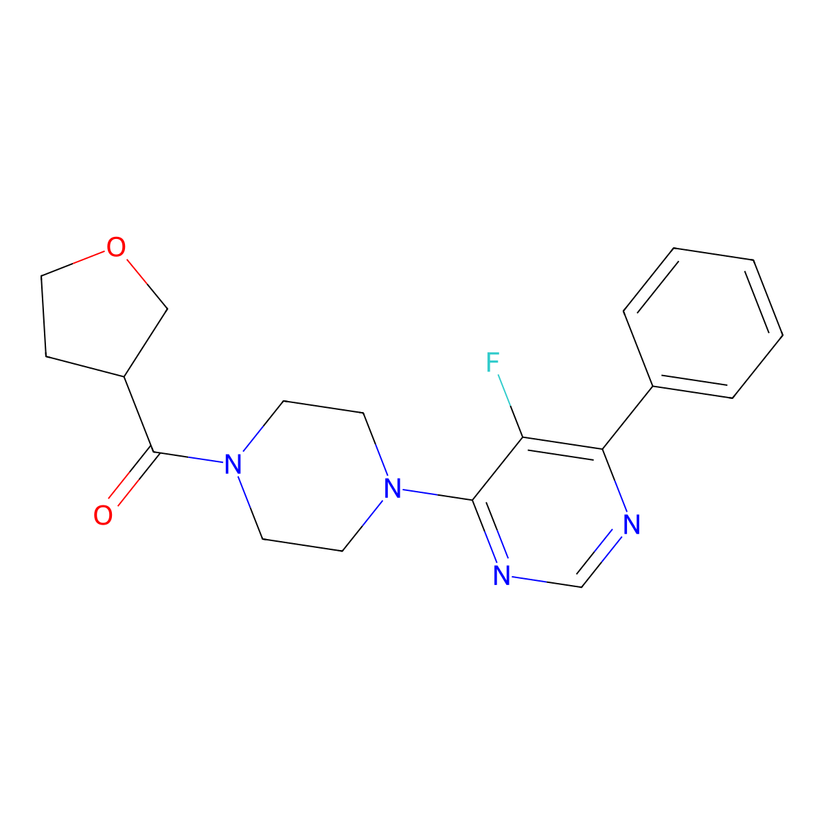5-Fluoro-4-[4-(oxolane-3-carbonyl)piperazin-1-yl]-6-phenylpyrimidine molecular structure, CAS 2380180-83-4