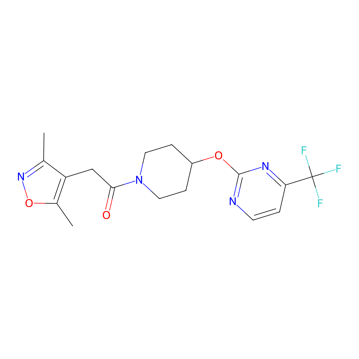 2-(3,5-Dimethyl-1,2-oxazol-4-yl)-1-(4-{[4-(trifluoromethyl)pyrimidin-2-yl]oxy}piperidin-1-yl)ethan-1-one molecular structure, CAS 2380181-13-3