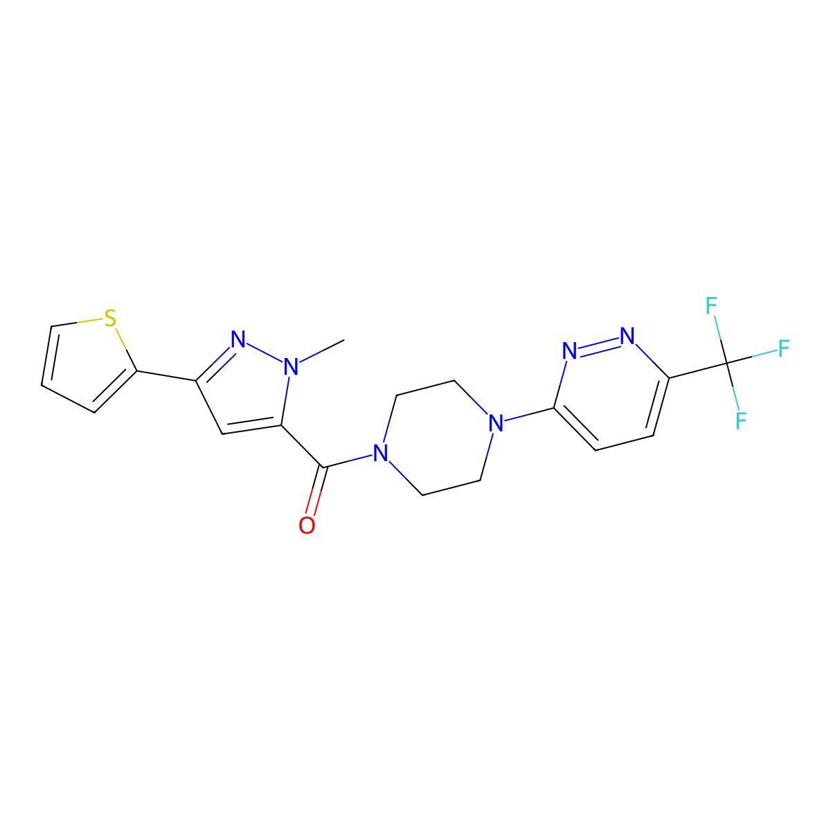 3-{4-[1-methyl-3-(thiophen-2-yl)-1H-pyrazole-5-carbonyl]piperazin-1-yl}-6-(trifluoromethyl)pyridazine molecular structure, CAS 2380181-30-4