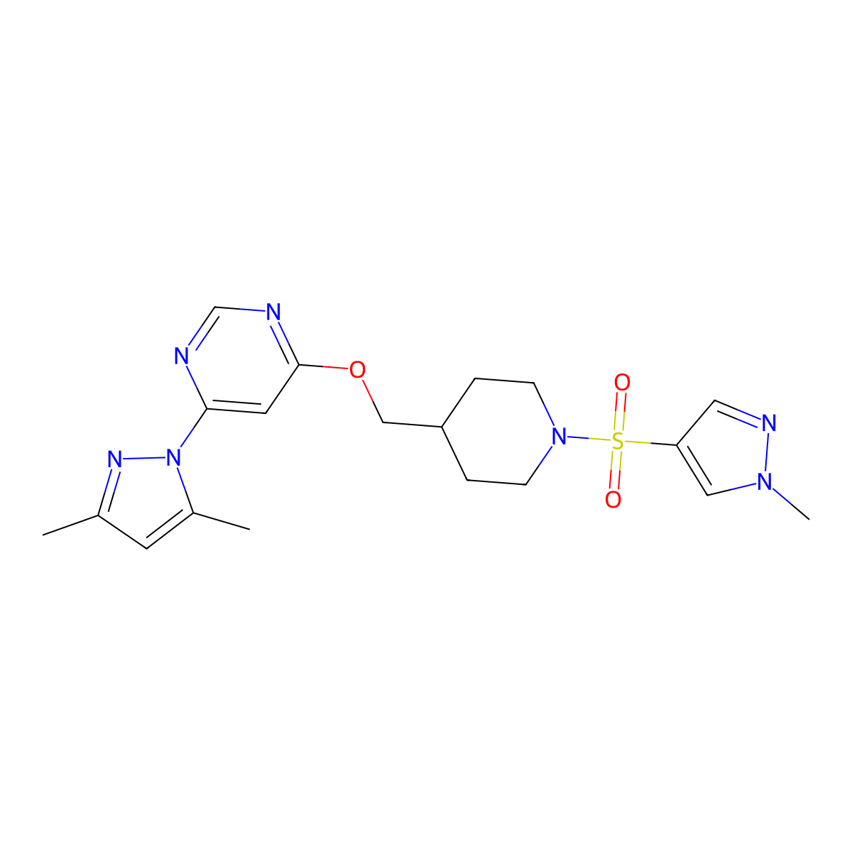 4-(3,5-dimethyl-1H-pyrazol-1-yl)-6-({1-[(1-methyl-1H-pyrazol-4-yl)sulfonyl]piperidin-4-yl}methoxy)pyrimidine molecular structure, CAS 2380181-33-7