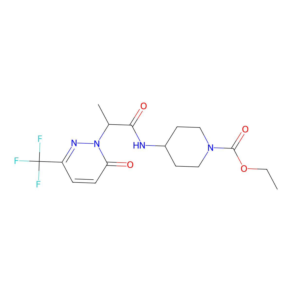 Ethyl 4-{2-[6-oxo-3-(trifluoromethyl)-1,6-dihydropyridazin-1-yl]propanamido}piperidine-1-carboxylate molecular structure, CAS 2380181-40-6