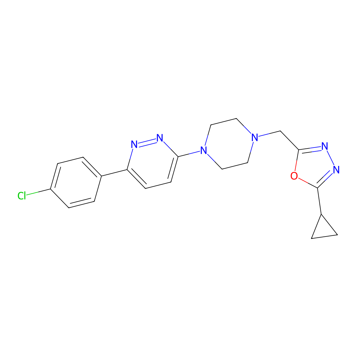 3-(4-Chlorophenyl)-6-{4-[(5-cyclopropyl-1,3,4-oxadiazol-2-yl)methyl]piperazin-1-yl}pyridazine molecular structure, CAS 2380181-73-5