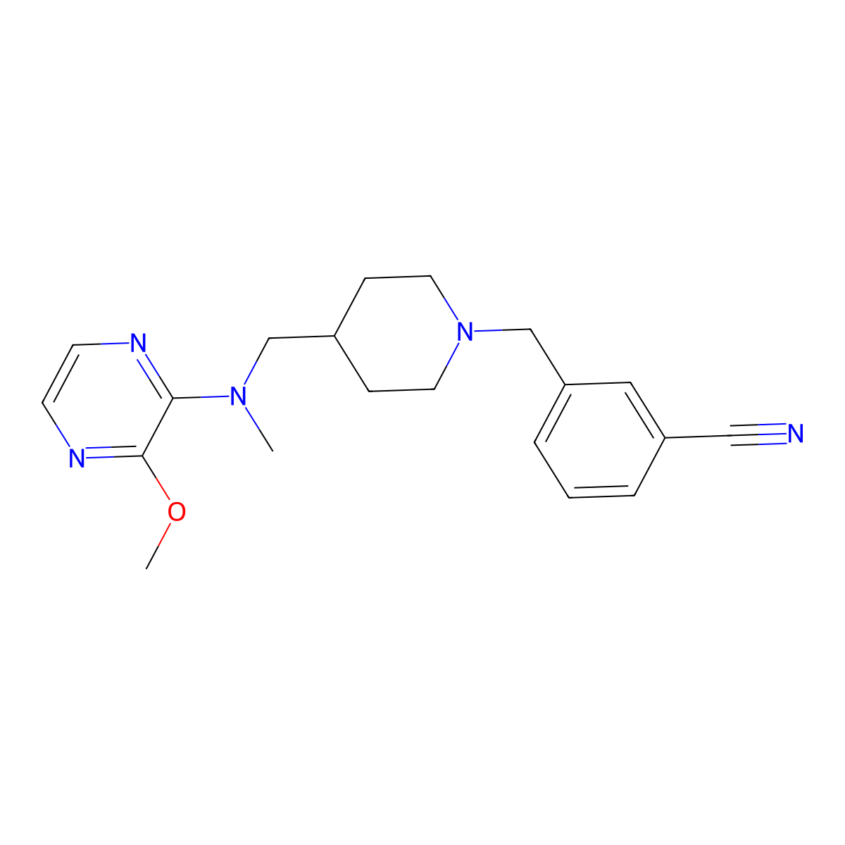 3-[(4-{[(3-Methoxypyrazin-2-yl)(methyl)amino]methyl}piperidin-1-yl)methyl]benzonitrile molecular structure, CAS 2380181-79-1