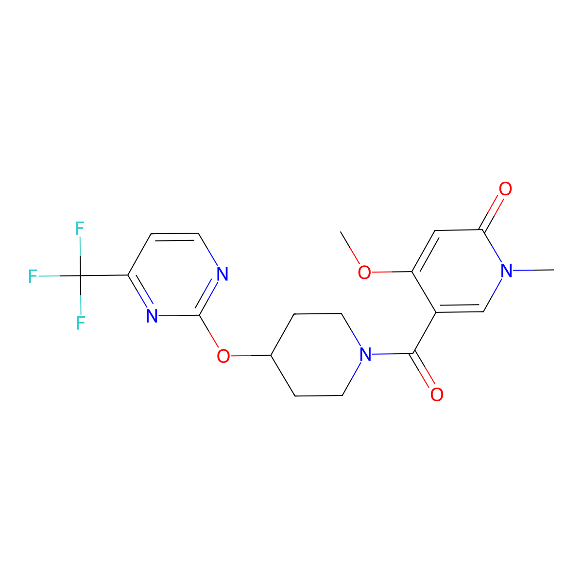 4-Methoxy-1-methyl-5-(4-{[4-(trifluoromethyl)pyrimidin-2-yl]oxy}piperidine-1-carbonyl)-1,2-dihydropyridin-2-one molecular structure, CAS 2380181-82-6