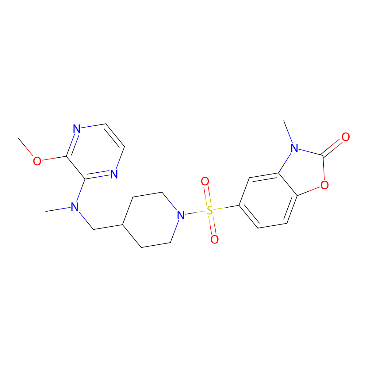 5-[(4-{[(3-Methoxypyrazin-2-yl)(methyl)amino]methyl}piperidin-1-yl)sulfonyl]-3-methyl-2,3-dihydro-1,3-benzoxazol-2-one molecular structure, CAS 2380181-88-2