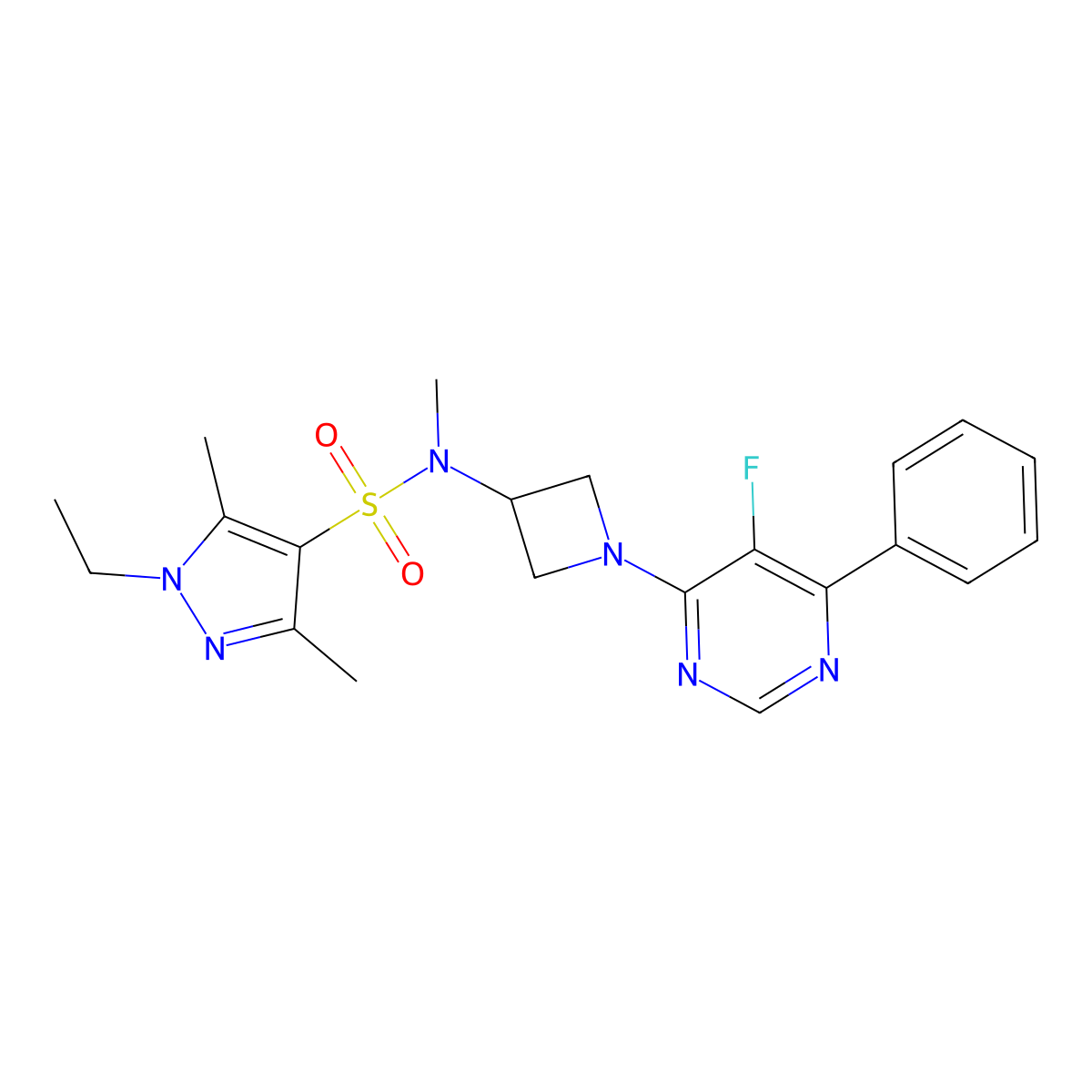 1-ethyl-N-[1-(5-fluoro-6-phenylpyrimidin-4-yl)azetidin-3-yl]-N,3,5-trimethyl-1H-pyrazole-4-sulfonamide molecular structure, CAS 2380182-13-6