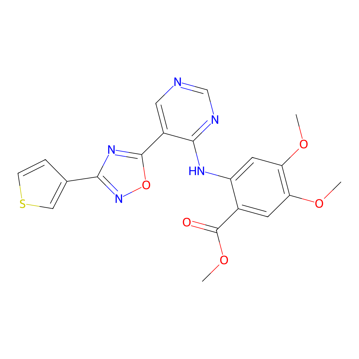 Methyl 4,5-dimethoxy-2-({5-[3-(thiophen-3-yl)-1,2,4-oxadiazol-5-yl]pyrimidin-4-yl}amino)benzoate molecular structure, CAS 2380182-28-3
