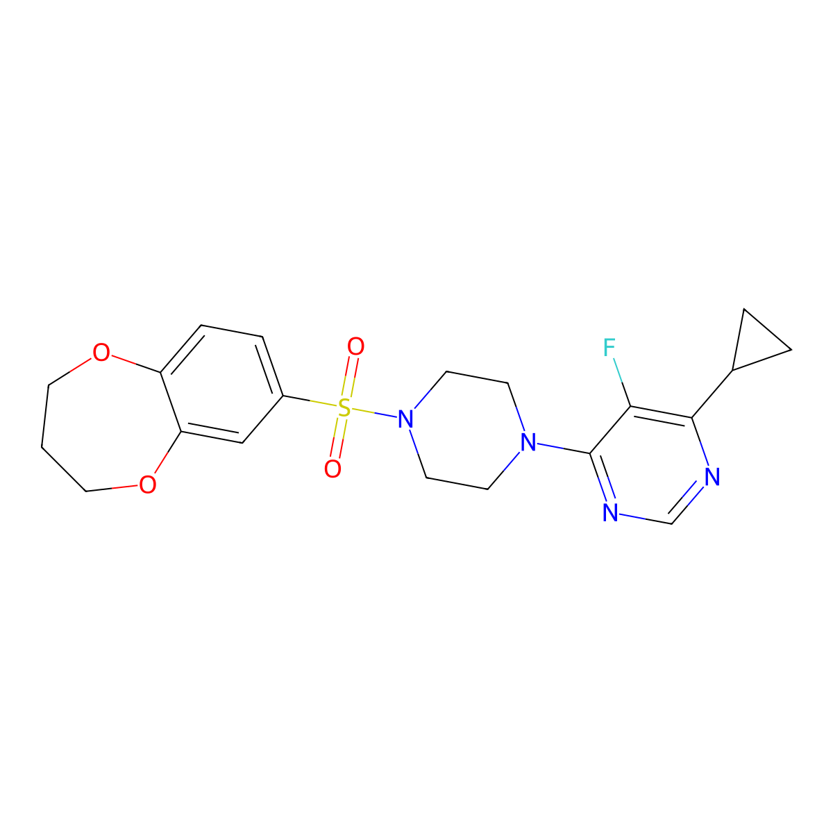 4-cyclopropyl-6-[4-(3,4-dihydro-2H-1,5-benzodioxepine-7-sulfonyl)piperazin-1-yl]-5-fluoropyrimidine molecular structure, CAS 2380182-42-1