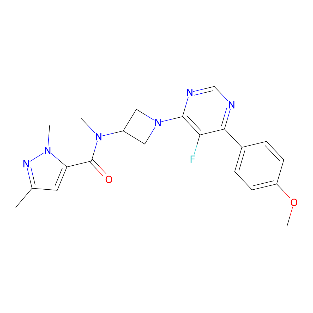 N-{1-[5-fluoro-6-(4-methoxyphenyl)pyrimidin-4-yl]azetidin-3-yl}-N,1,3-trimethyl-1H-pyrazole-5-carboxamide molecular structure, CAS 2380182-46-5