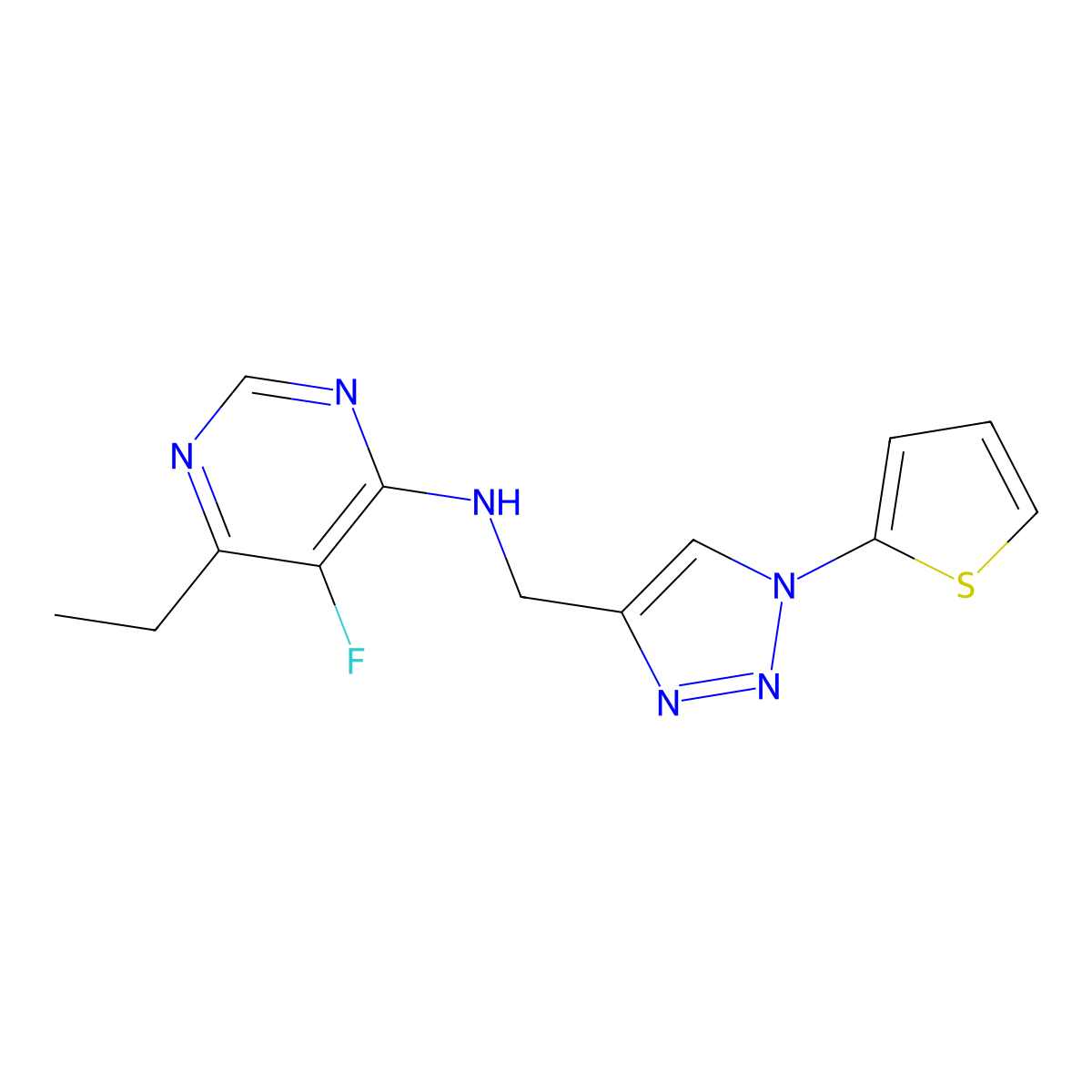 6-ethyl-5-fluoro-N-{[1-(thiophen-2-yl)-1H-1,2,3-triazol-4-yl]methyl}pyrimidin-4-amine molecular structure, CAS 2380182-57-8