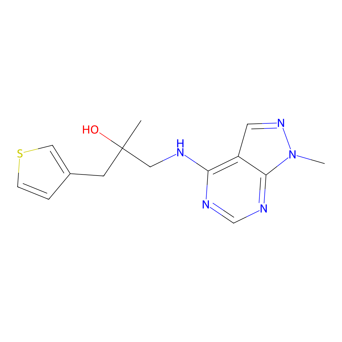 2-methyl-1-({1-methyl-1H-pyrazolo[3,4-d]pyrimidin-4-yl}amino)-3-(thiophen-3-yl)propan-2-ol molecular structure, CAS 2380182-58-9