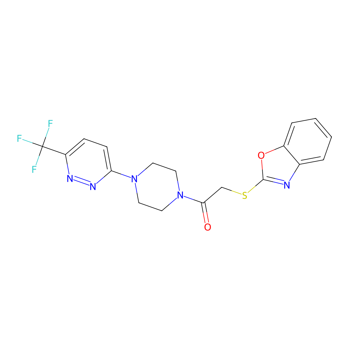 2-(1,3-Benzoxazol-2-ylsulfanyl)-1-{4-[6-(trifluoromethyl)pyridazin-3-yl]piperazin-1-yl}ethan-1-one molecular structure, CAS 2380182-75-0