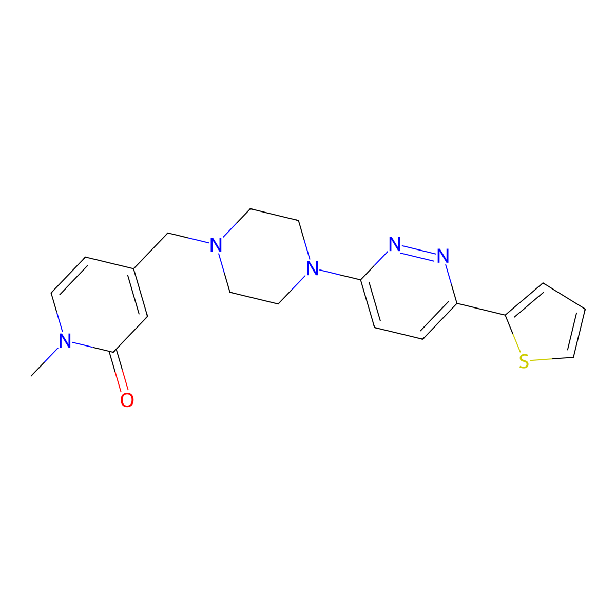 1-Methyl-4-({4-[6-(thiophen-2-yl)pyridazin-3-yl]piperazin-1-yl}methyl)-1,2-dihydropyridin-2-one molecular structure, CAS 2380182-77-2