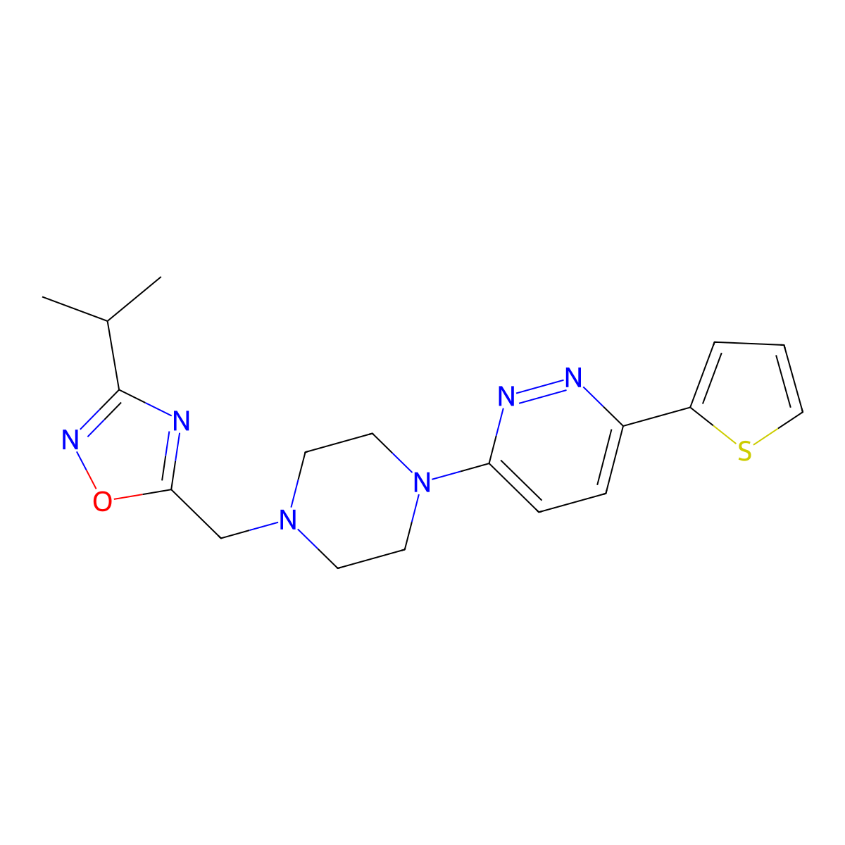 3-(4-{[3-(Propan-2-yl)-1,2,4-oxadiazol-5-yl]methyl}piperazin-1-yl)-6-(thiophen-2-yl)pyridazine molecular structure, CAS 2380182-86-3