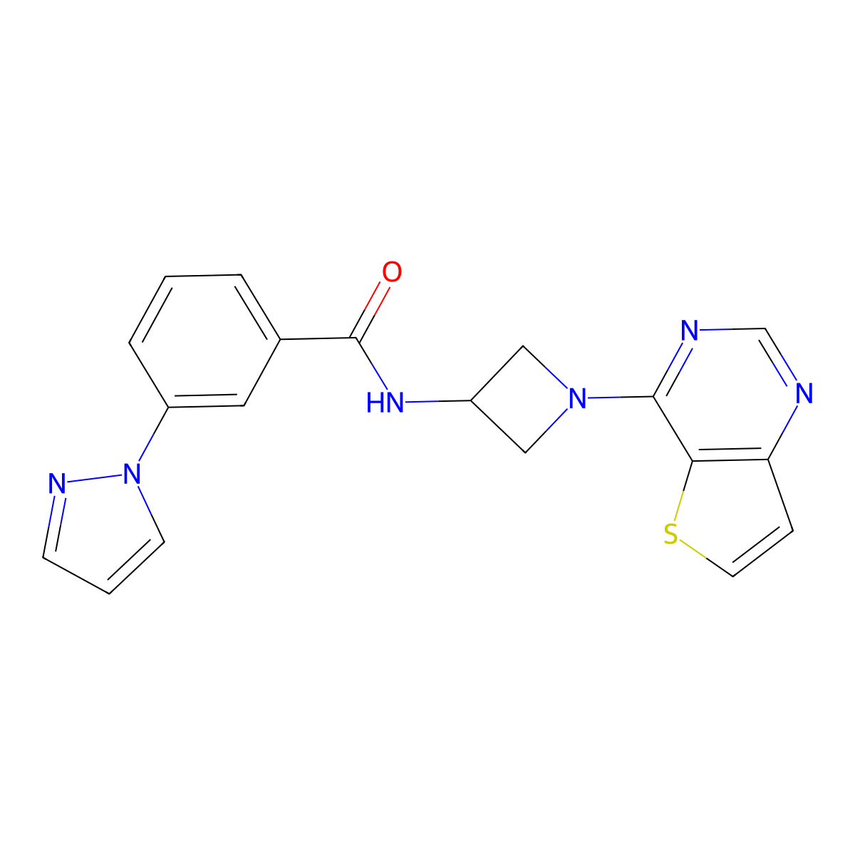 3-(1H-pyrazol-1-yl)-N-(1-{thieno[3,2-d]pyrimidin-4-yl}azetidin-3-yl)benzamide molecular structure, CAS 2380182-89-6