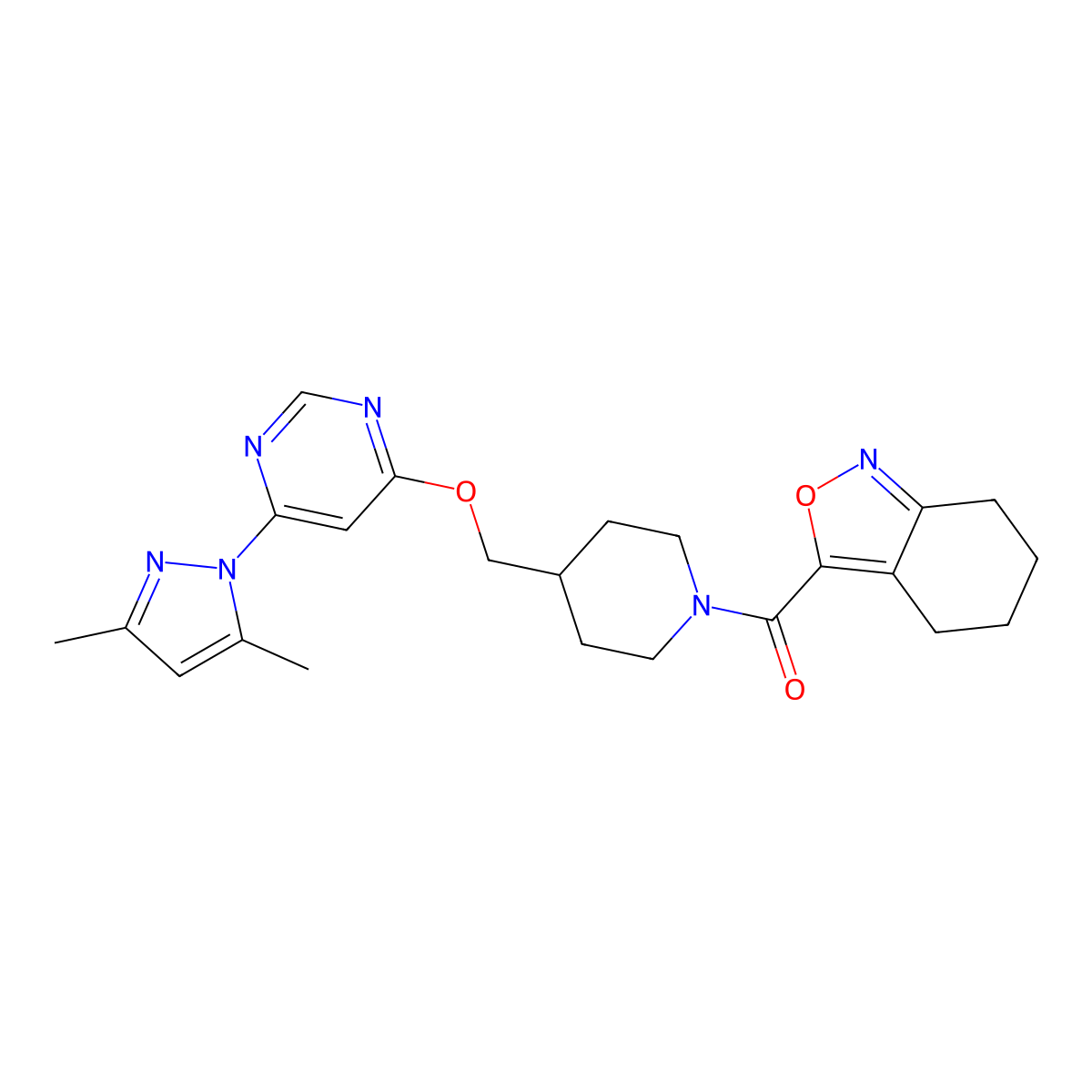 3-[4-({[6-(3,5-dimethyl-1H-pyrazol-1-yl)pyrimidin-4-yl]oxy}methyl)piperidine-1-carbonyl]-4,5,6,7-tetrahydro-2,1-benzoxazole molecular structure, CAS 2380182-99-8